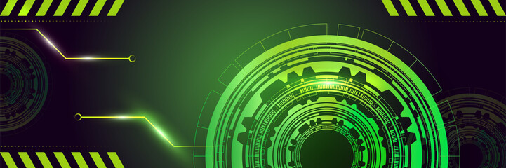 Obraz premium Green technology digital banner design. Design modern luxury futuristic technology background. Game tech wide banner vector illustration. Hi tech digital communication. Abstract tech background.