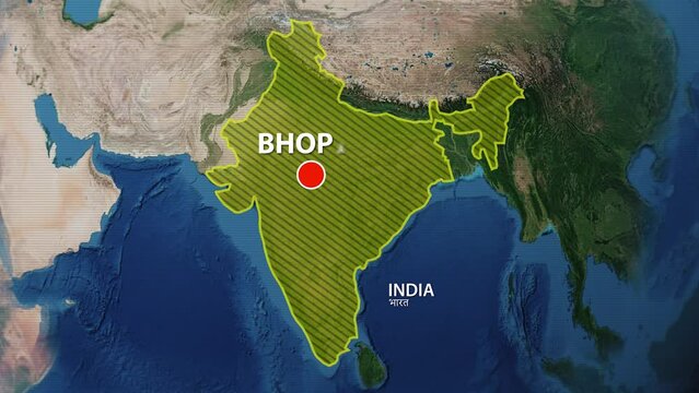 Designation of the borders of India on the map and the mark of the location of the city of Bhopal