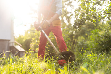 Mowing grass with electric lawn mower. Garden work concept. Man mows the grass with hand mower in...
