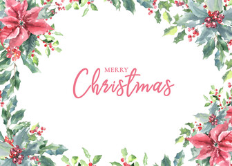 Fototapeta premium Merry Christmas greeting card. Watercolor floral border illustration. Holly berry,poinsettia woodland forest art. Winter holiday design template for banner, wallpaper, wedding,invite, cover, print diy