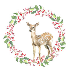 Merry Christmas fawn,deer, stag floral wreath illustration. Winter woodland cute animal frame card, forest character design for baby shower,new year greeting card, postcard, sticker, poster,print diy