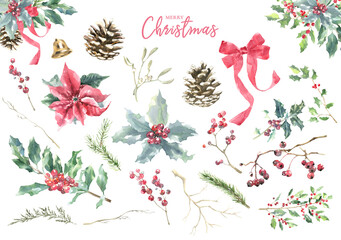 Watercolor Woodland Christmas plants illustration, Cute Single Drawing isolated, Christmas decoration for greeting card, poster, invitation, baby shower Merry Christmas, New Year, holiday diy