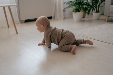 Cute small caucasian toddler baby child crawl on light brown wooden home floor. Concentrated little...