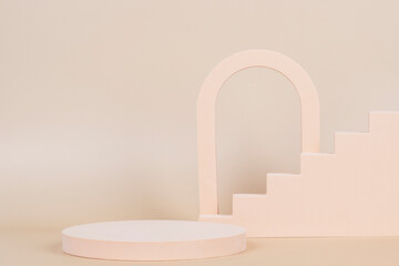 Abstract background trendy composition with geometric shapes forms. Exhibition podium, platform for product presentation on pastel beige background. Front view