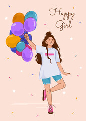 Happy and cute girl with balloons. Vector illustration for a postcard or poster.