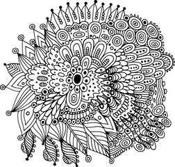 Floral mandala with flowers and leaves. Doodle ornated coloring page for adults. Abstract intricate trippy pattern. Psychedelic art. Vector artwork