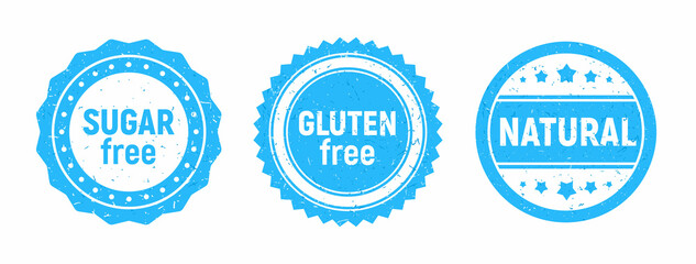 Sugar free, gluten free rubber stamp blue. Natural products badges set for ecologic shop.