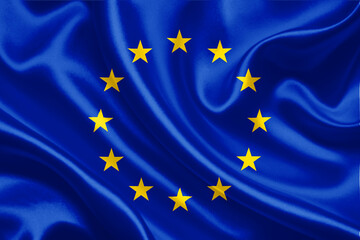 3d illustration Europe flag on satin texture with waving flag