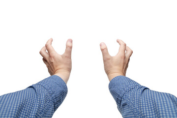 Hands stretch forward from behind the camera with grabbing gesture by fingers