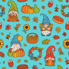 Fall design autumn gnomes harvest theme. Fun garden gnomes picking vegetables pumpkin, corn, gourd. Making preserves stocks. Preparing jam, home barery pie. Happy Thanksgiving theme.