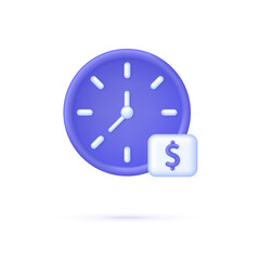 3D Clock and dollar icon isolated on white background. Time is money. Saving money. Financial investment in the stock market future income growth, deadline, time management planning.