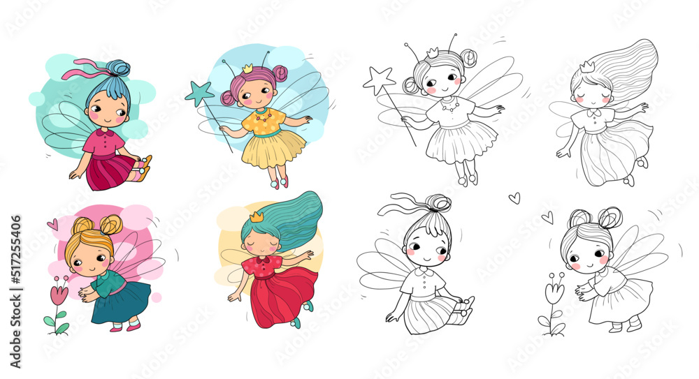 Wall mural Set with cute cartoon fairies. Wood elves. Little girls princess with wings fly over flowers. Funny ladybug. Vector illustration