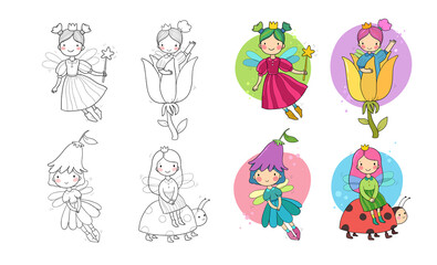 Set with cute cartoon fairies. Wood elves. Little girls princess with wings fly over flowers. Funny ladybug. Vector illustration - 517255426