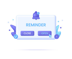 3D Reminder isolated on white background. Notifications page. Business planning, reminder, timetable, events.