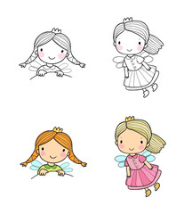 Set with cute cartoon fairies. Wood elves. Little girls princess with wings fly over flowers. Funny ladybug. Vector illustration