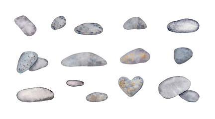 Collection of aligned stones. Set of watercolor elements for design. Gray stones, pebbles.