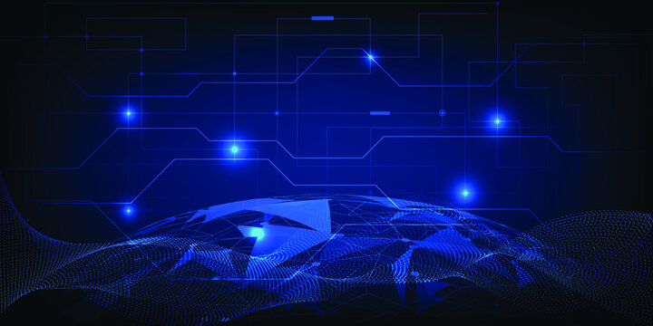 Vector illustrations of Dark blue digital planet with digital circuit futuristic artowork.Digital communication innovation and technology concepts.
