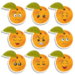 Set of stickers orange apricot with kawaii emotions. Flat vector illustration of an apricot with emotions On a white background.