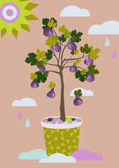 Quirky fig tree in a pot with clouds and sun art deco style illustration