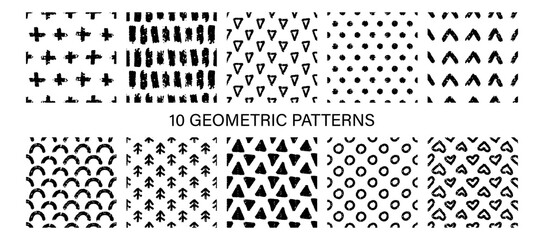 Abstract hand drawn geometric simple black and white minimalistic seamless patterns set with brush texture. Polka dot, stripes, waves. Vector illustration