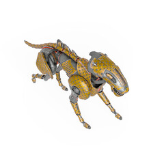 cyber cheetah is walking up on white background top view