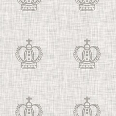 French grey crown motif seamless pattern. Tonal country cottage style abstract motif background. Simple vintage rustic fabric textile effect. 
