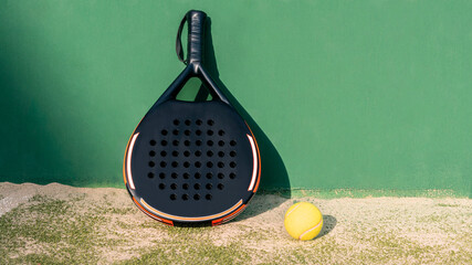 Yellow ball on floor near of padel tennis racket in green court outdoors