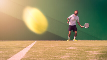 acticing paddle sport on the outdoor court. Man teaching padel class