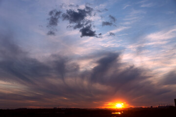 Blue orange sunset sky. Nature multicolored background.