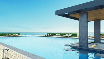 Obraz na płótnie Canvas Beach luxury pool bar resort sea view - 3D rendering