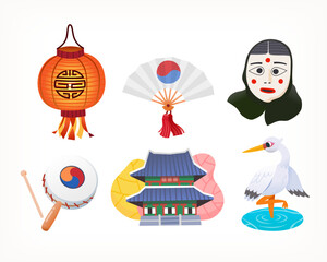 Collection of elements traditionally associated with South Korea. Isolated vector images for creating travel posters, souvenir cards invitations designs.