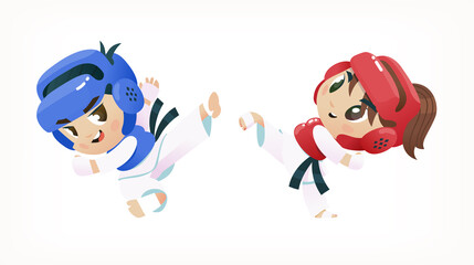Boy and girl fighting. Taekwondo illustration for sport events designs. Isolated vector image with leg fight.