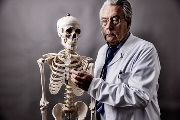 Arzt mit Stethoskop untersucht Skelett