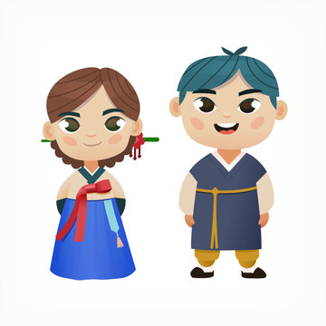 Colourful couple of boy and girl wearing traditional Korean outfit hanbok. Classic historical dress of Asian culture. Isolated vector illustration