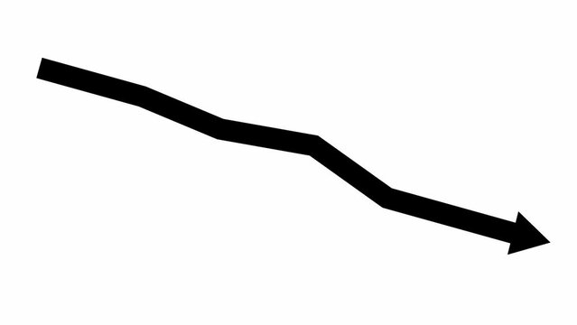 Animated black arrow. Recession chart of economy. Economic crisis, recession, decrease graph. Profit down. Vector illustration isolated on white background.