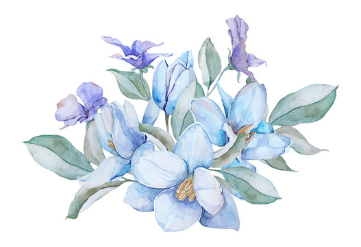 Watercolor blue opened tulips and pea bouquet with greenery, perfect for wedding invitation, baby shower, save the date, bridal shower, birthday party invite, blue flowers clipart