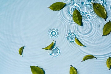 Abstract water background with round ripples and green leaves