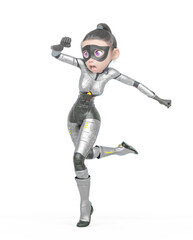 superheroine girl is running like a hero in white background