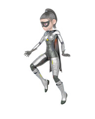 superheroine girl is floating and looking down in white background
