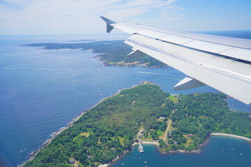 Aerial view of Portland and atlantic ocean from airplane, Maine, USA
