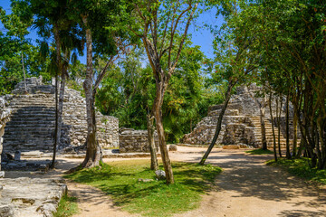 Mayan ruins in shadow of trees in jungle tropical forest Playa del Carmen, Riviera Maya, Yu atan,...