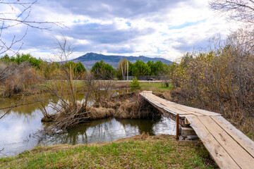 South Ural wooden bridge and river with a unique landscape, vegetation and diversity of nature.