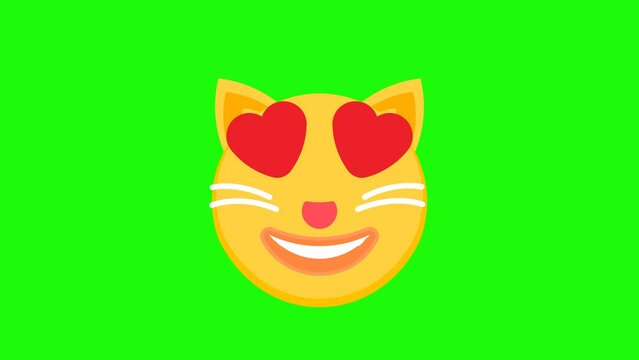 Smiling cat with heart eyes animation on a green background. Animated cat emoji icons. Cat emoji animation with alpha channel. Key color, chroma-key, alpha channel. 4K video