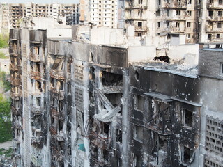 War in Ukraine. The ruins of residential buildings burned down and destroyed by Russian troops in Mariupol.