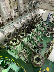 Engine and machine in marine ship. Engine room for drive marine ship. It is diesel engine.