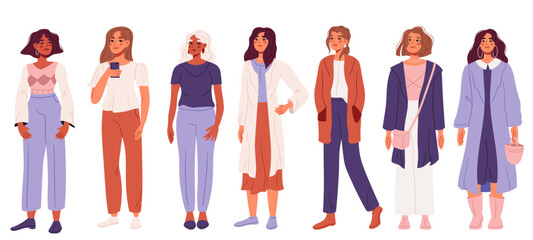 Set of women in trendy autumn apparel. Set of stylish people with different multiracial persons. Flat vector illustrations
