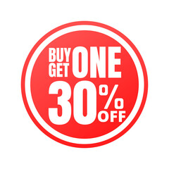 30% off, buy get one, online super discount red button. Vector illustration, icon Thirty 