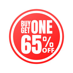 65% off, buy get one, online super discount red button. Vector illustration, icon Sixty-five 