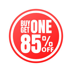 85% off, buy get one, online super discount red button. Vector illustration, icon Eighty five 