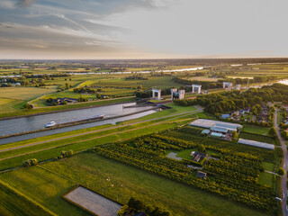 Aerial view of the beautiful landscape with locks in a canal near Wijk bij Duurstede 